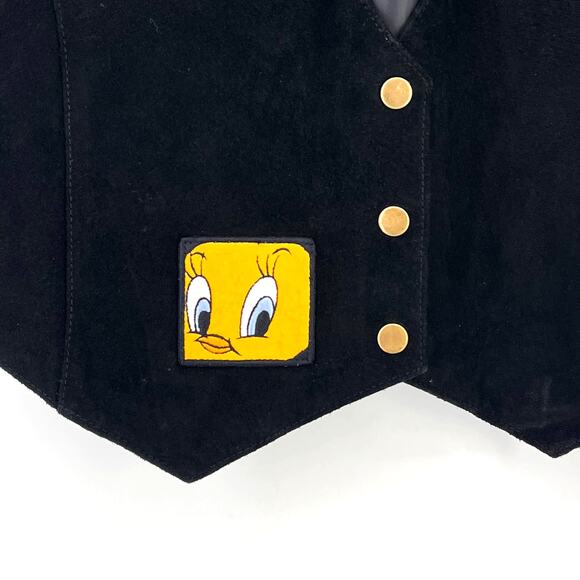 Looney Tunes Tweety Bird Patch Suede Front Black Vest Womens Size M/L Y2K - Picture 2 of 5